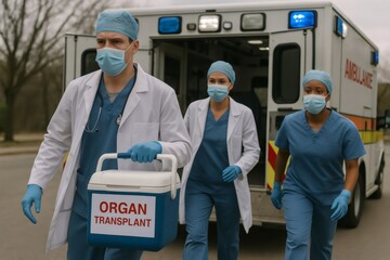 Paramedics and doctors carrying an organ transplant box are rushing from an ambulance to save a life