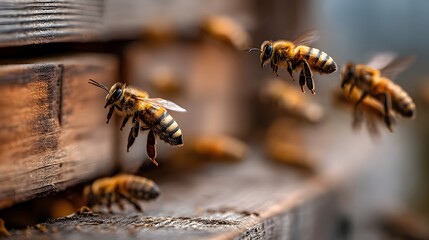 Bees entering and exiting a hive entrance in a shot with a blurred background  long title Closeup view of a busy beehive entrance with multiple