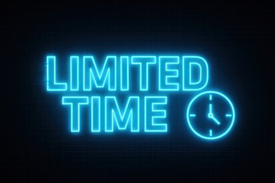 Neon-style glowing text displaying "Limited Time" with a clock symbol, set against a dark background, highlighting urgency and promotion concepts.