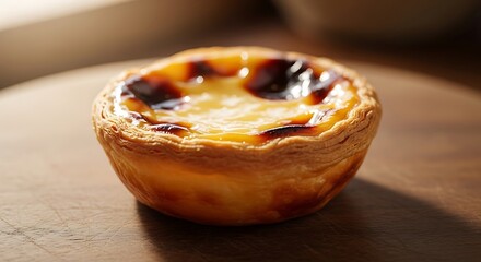 A single, delicious Portuguese custard tart, a traditional pastel de nata, with a golden caramelized top on a wooden surface.