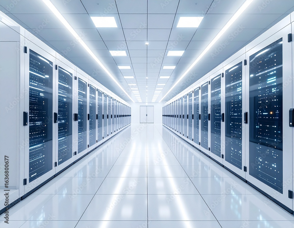 Poster rows of server racks in a modern data center, showcasing technology infrastructure.