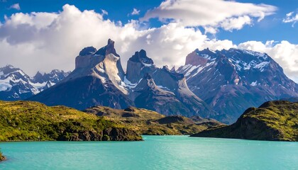 Obraz premium Scenic mountain range over turquoise lake