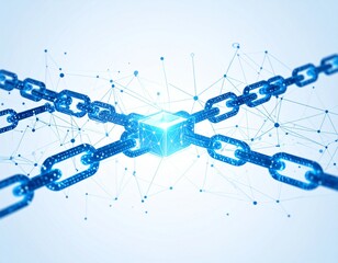 Digital representation of a blockchain network with a central glowing block and interconnected chains on a light background.