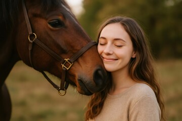Horse showing affection by nuzzling a smiling woman in a field, creating a heartwarming scene of connection between human and animal