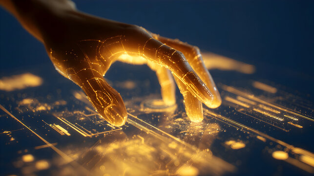 A Luminous Cybernetic Hand Ignites a Glowing Digital Circuitry. - Powered by Adobe
