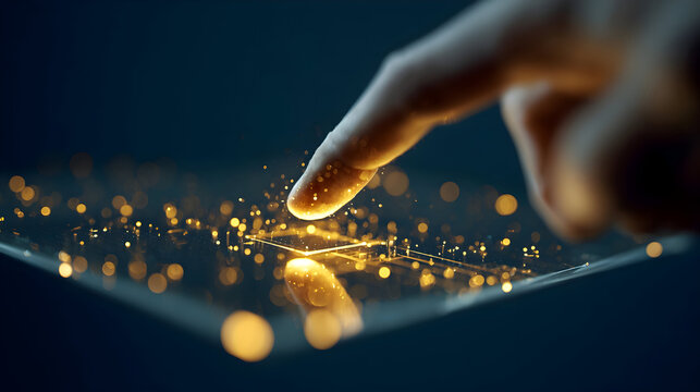 Luminous Fingertip Ignites Golden Data Particles on a Futuristic Interface. - Powered by Adobe