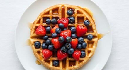 Delicious homemade Belgian waffle topped with fresh strawberries and blueberries, drizzled with sweet maple syrup