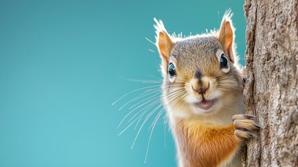 Obraz premium Curious red squirrel peeking behind the tree trunk