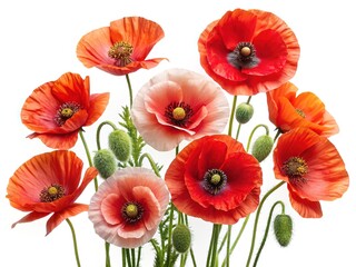 Obraz premium A Vibrant Collection of Red and Peach Poppies Against a White Background