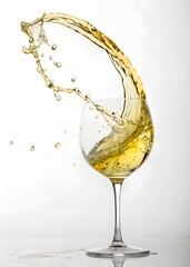 A Dynamic Splash of White Wine in a Glass on a White Background