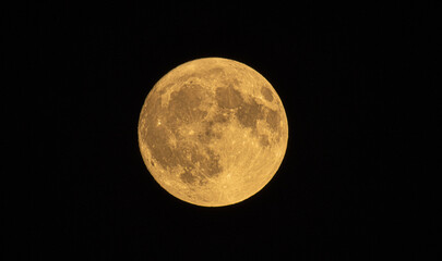 A full moon in August is known as the Sturgeon Moon.  The moon is at the center of the frame, fully illuminated and detailed, with its various seas and craters clearly visible.