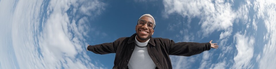 Obraz premium Joyful african male adult enjoying blue cloudy skies