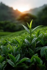 Lush green tea leaves at sunrise in verdant plantation landscape