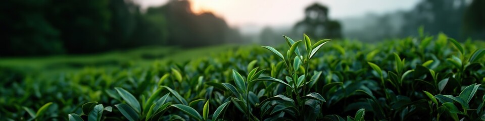 Obraz premium Lush green tea plantation at sunrise with dew-kissed leaves and misty background