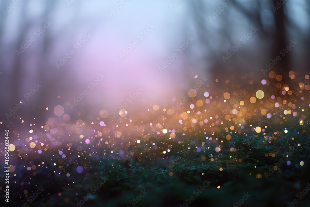 Poster Enchanted forest with ethereal light and sparkling bokeh in twilight setting