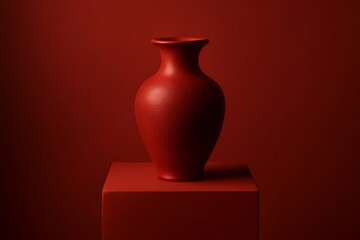 Still life composition featuring a red ceramic vase positioned on a red cube, set against a minimalist red backdrop