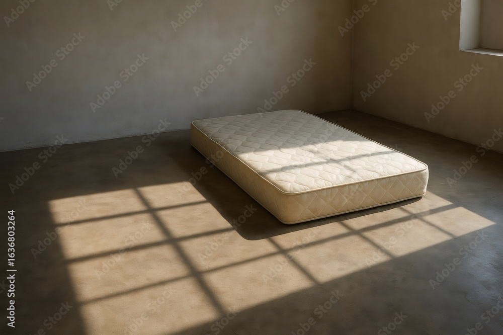 Poster sunlight casting shadows of the window on a mattress in an empty room with concrete floor and plaste