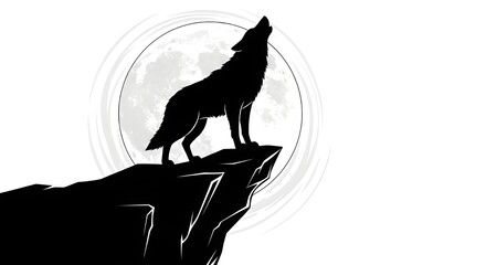 Howling Wolf Silhouette Against Full Moon on Cliff Edge