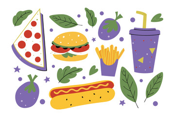Delicious Delight: This digital illustration showcases an array of fast food items, from a cheesy pizza slice to a sizzling hot dog, evoking the simple pleasure of indulging in popular flavors.
