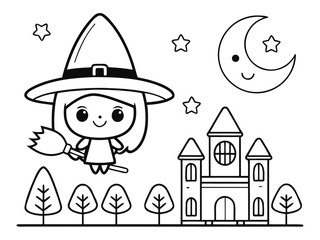 Fototapeta premium Cartoon illustration of a witch with a broom for coloring book, coloring page, kids