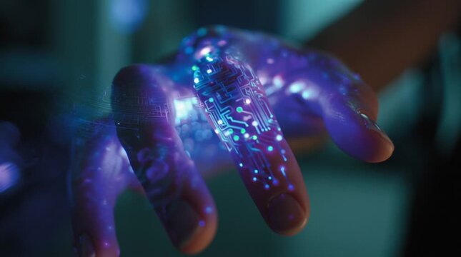 Close-up of a human hand with glowing cybernetic circuits visible beneath the skin, interacting with a holographic interface, blending humanity and advanced technology in a futuristic sci-fi concept.
