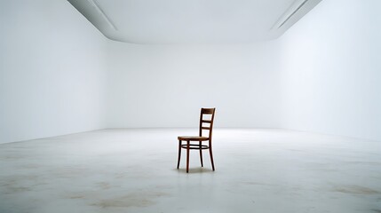 A single wooden chair stands alone in a stark white empty room