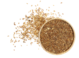 Pile anise seeds spice in bamboo bowl isolated on white background (Pimpinella anisum), top view, clipping path