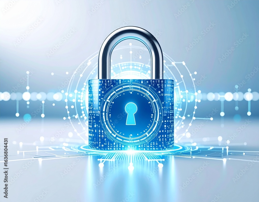 Poster a digital padlock with a glowing blue keyhole, symbolizing cybersecurity and data protection in a fu