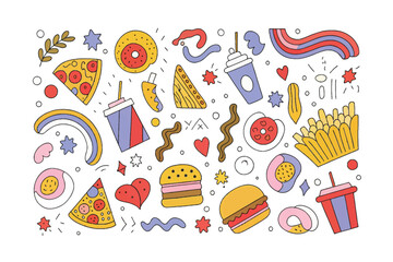 Whimsical Food Extravaganza: An eye-catching illustration featuring a lively collection of delicious food items like pizza, burger, donuts, and drinks. This piece captures the essence of comfort food