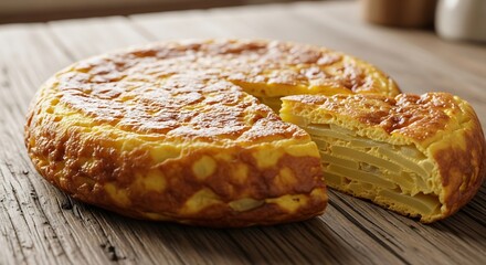 A delicious, freshly cooked Spanish omelette, a traditional tortilla de patatas with a slice cut out, served on a rustic wooden table.