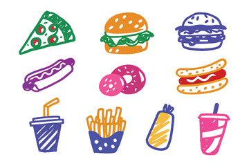 Doodle Food Delights: Vibrant, hand-drawn illustrations of classic, mouthwatering fast food favorites, each bursting with playful energy and irresistible charm.