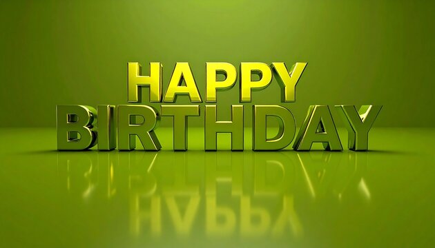 A Happy Birthday Text in Green and Yellow Tones with Reflections on Green Background