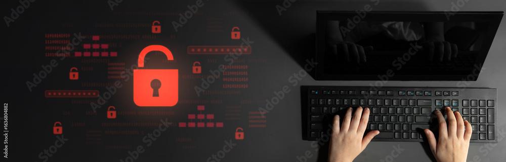 Poster digital security concept illustrating a cybersecurity breach, with a red unlocked padlock indicating