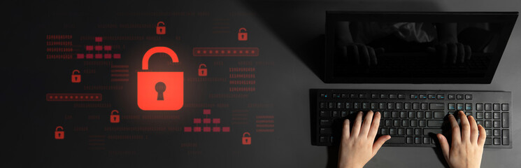 Digital security concept illustrating a cybersecurity breach, with a red unlocked padlock...