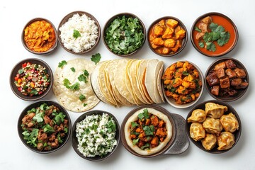 A selection of international dishes, including tacos, dumplings, and curry, beautifully arranged, isolated on a white background