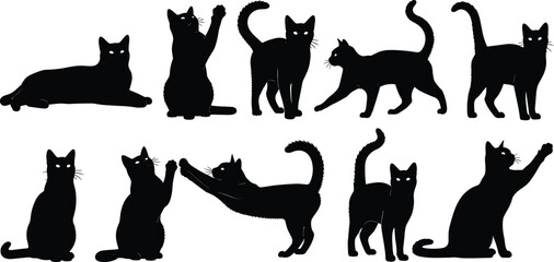 Black Cat Silhouette Vector, Feline in Various Poses, Pet Animal Illustration, Creative Design Element, Cute Cat Graphic, Stock Image Art