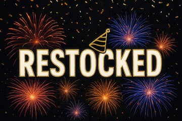 The word "restocked" is prominently displayed amid vibrant fireworks and confetti, conveying a festive atmosphere and celebration of renewal or availability.