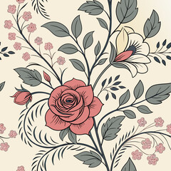 Vintage Hand Drawn Rose and Floral Pattern with Green Leaves on Beige Background