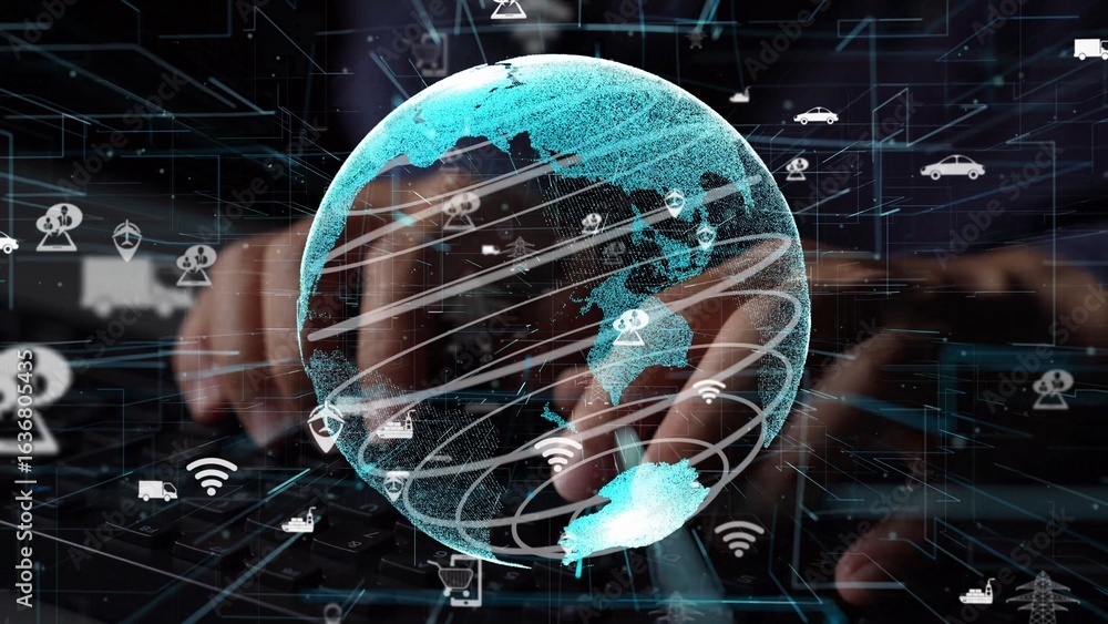 Poster a conceptual image depicting global connectivity through a digital globe, with hands typing on a key