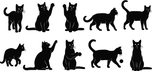 Black Cat Silhouette Vector, Playful Feline Poses, Pet Animal Illustration, Cute Cat Graphic, Creative Design Element, Stock Image Art