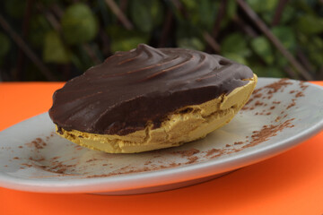 Chocolate-Covered Dessert on a White Plate with Cocoa Dust