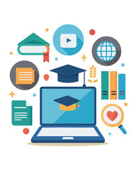 Modern Online Education Concept with Laptop and Digital Icons &ndash; Flat Vector Design