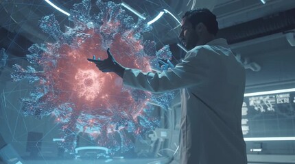 Cinematic scene of a scientist in a futuristic laboratory analyzing a 3D holographic virus model while designing a custom cure, combining advanced biotechnology, precision science, and innovation.
