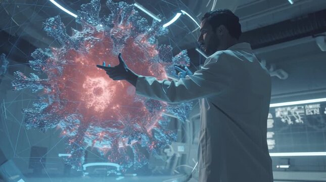 Cinematic scene of a scientist in a futuristic laboratory analyzing a 3D holographic virus model while designing a custom cure, combining advanced biotechnology, precision science, and innovation.
