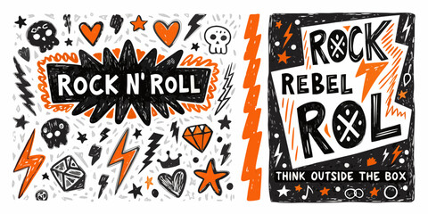 Obraz premium Rock n roll rebel art with skulls hearts and lightning bolts
