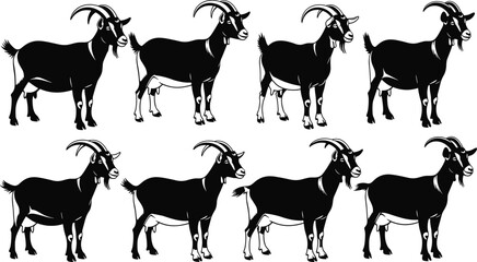 Goat Silhouette Collection, Farm Animal Vector, Black and White Livestock Art, Detailed Goat Illustration, Agricultural Design