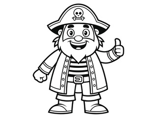Fototapeta premium A pirate captain cartoon character in black and white outline, like a colouring book page