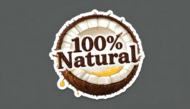 A sticker of a coconut with one hundred percent natural text on a gray gradient background