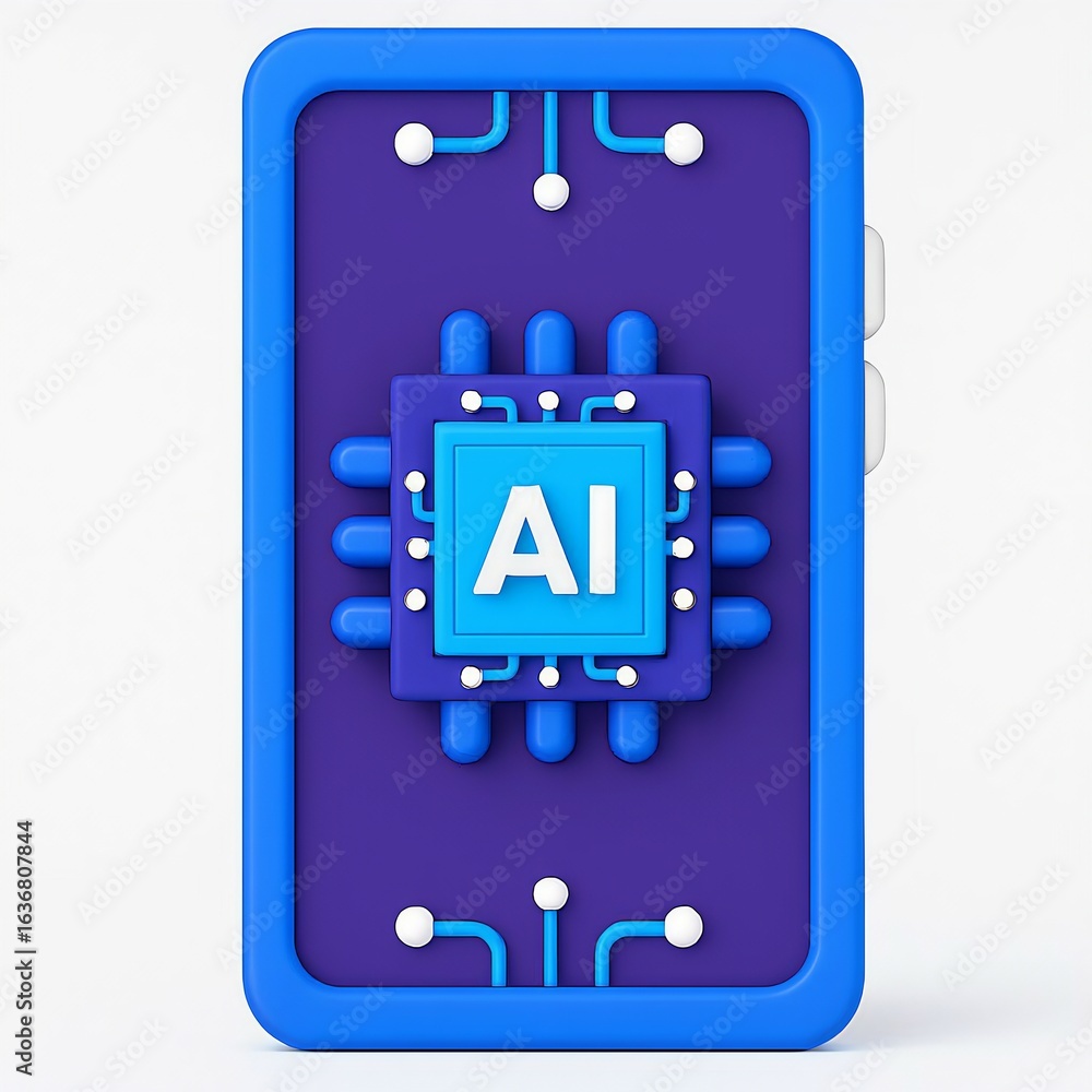 Poster futuristic ai processor chip design with glowing blue circuits on a purple background