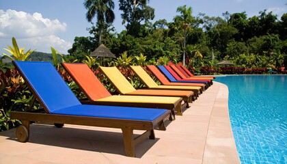 Obraz premium Colorful Loungers Near Swimming Pool in Tropical Setting